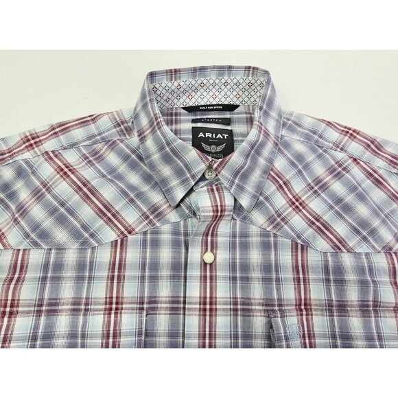 Ariat Stretch Medium Mens White Burgundy Gray Check Embroidered Logo Pearl Snap - Picture 12 of 12